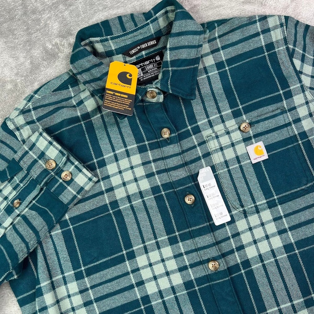 Carhartt TENCEL Fiber Series Shirt Womens L Teal Plaid Loose Fit Twill Stretch